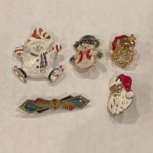 Christmas Brooches Holiday Bundle Lot of 5 Pins Santa Snowman Bow